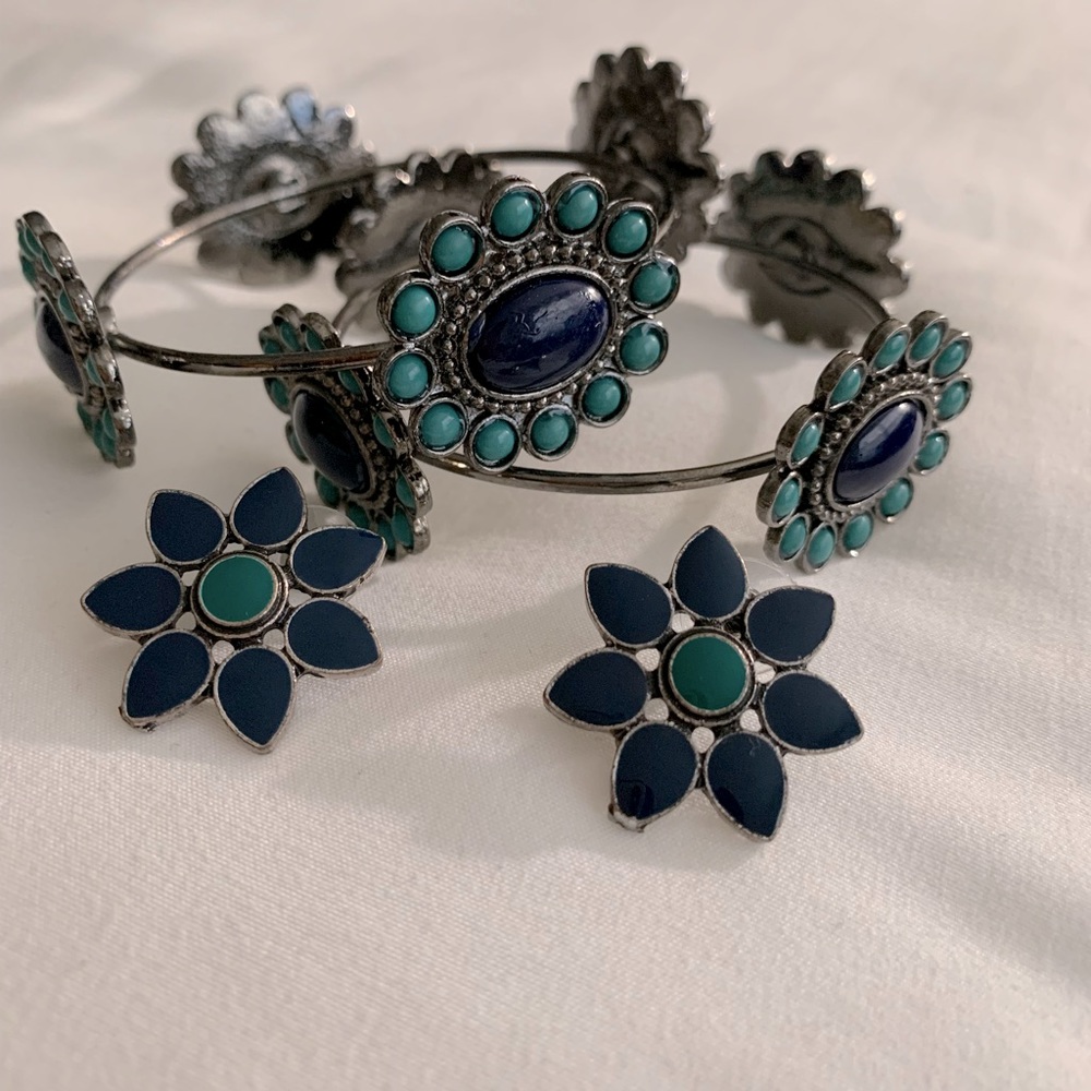 Turquoise color Metal bangles and matching earrings